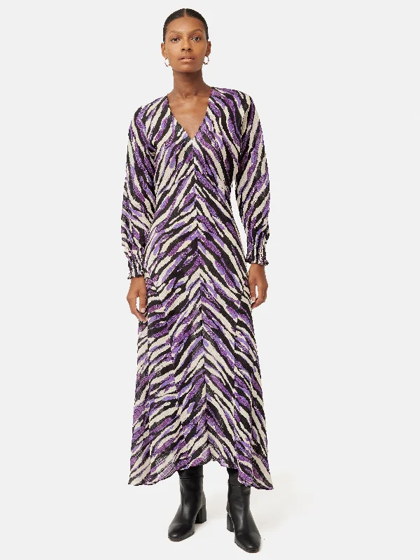 Abstract Zebra Silk Linen Midi Dress | Purple Trendy Square Neck Midi Dress