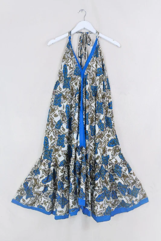 Blossom Halter-Neck Midi Dress - Nutmeg & Azure Baroque - Free Size M/L Comfortable Ruched Midi Dress