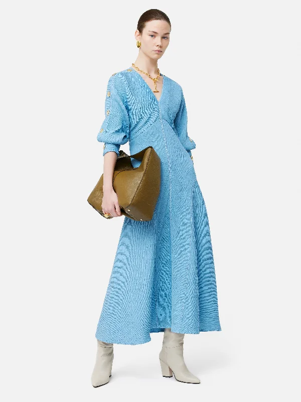 Button Detail Crepe Midi Dress | Blue Comfortable Stretch Midi Dress