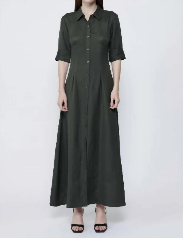 Claudine Short Sleeve Shirt Midi Dress In Army Stylish Halter Neck Midi Dress