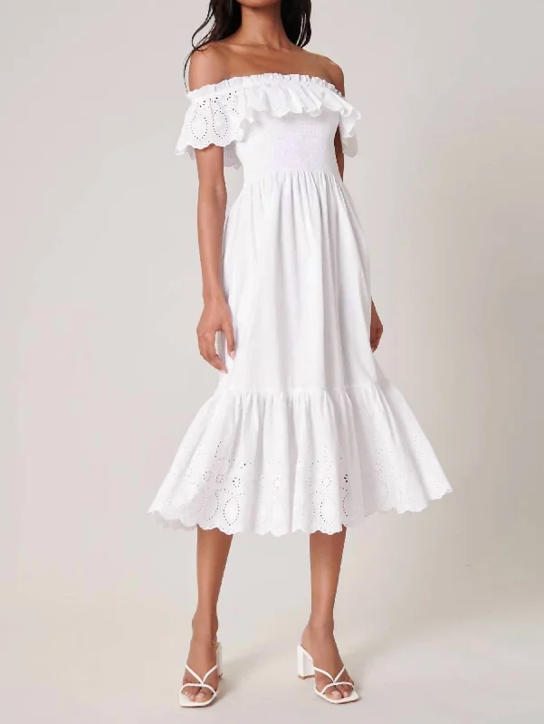 Esmeralda Smocked Eyelet Midi Dress In White Fashionable Pencil Midi Dress
