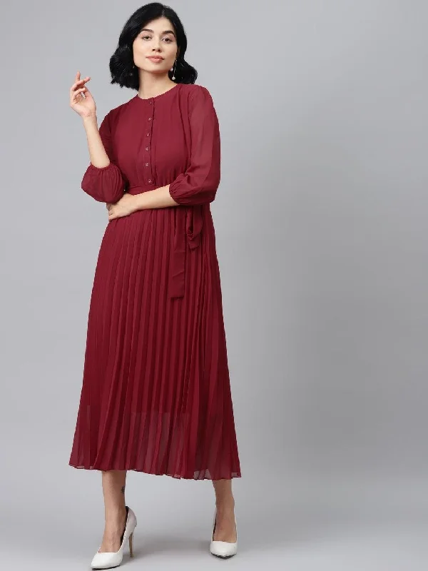 Women's Maroon Pleated Midi Dress - SASSAFRAS Elegant Lace Trim Midi Dress