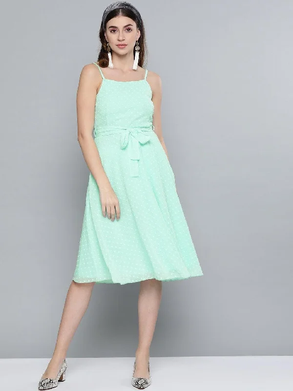 Women's Mint Green Dobby Strappy Belted Midi Dress - SASSAFRAS Comfortable Geometric Print Midi Dress