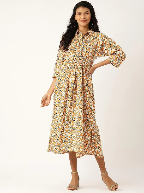 Women's Mustard Floral Kaftan Midi Dress - SASSAFRAS Stylish Color Block Midi Dress