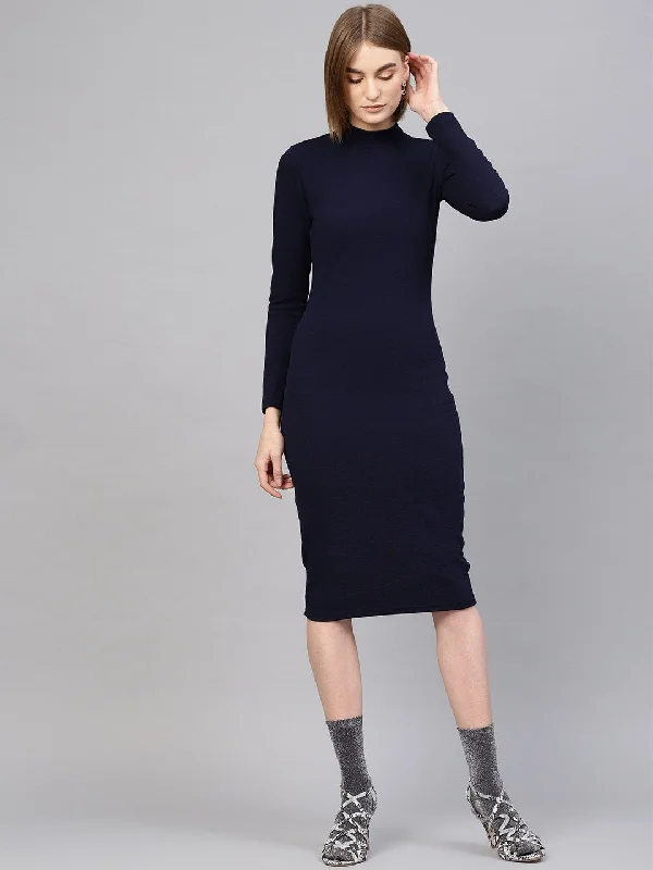 Women's Navy High Neck Bodycon Midi Dress - SASSAFRAS Fashionable Fitted Midi Dress