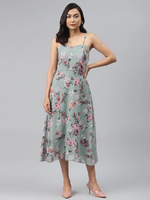 Women's Olive Floral Strappy Midi Dress - SASSAFRAS Comfortable Ribbed Midi Dress