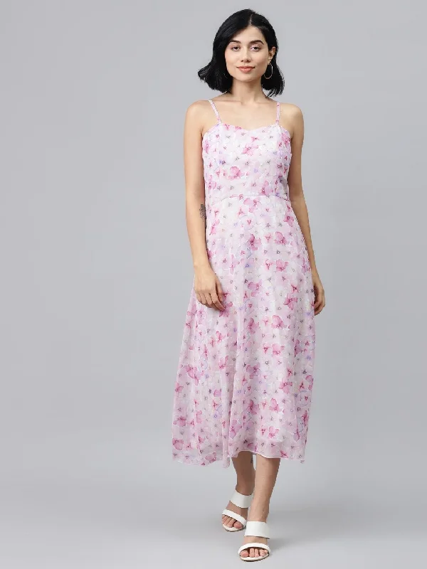 Women's Pink Floral Strappy Midi Dress - SASSAFRAS Comfortable Knitwear Midi Dress