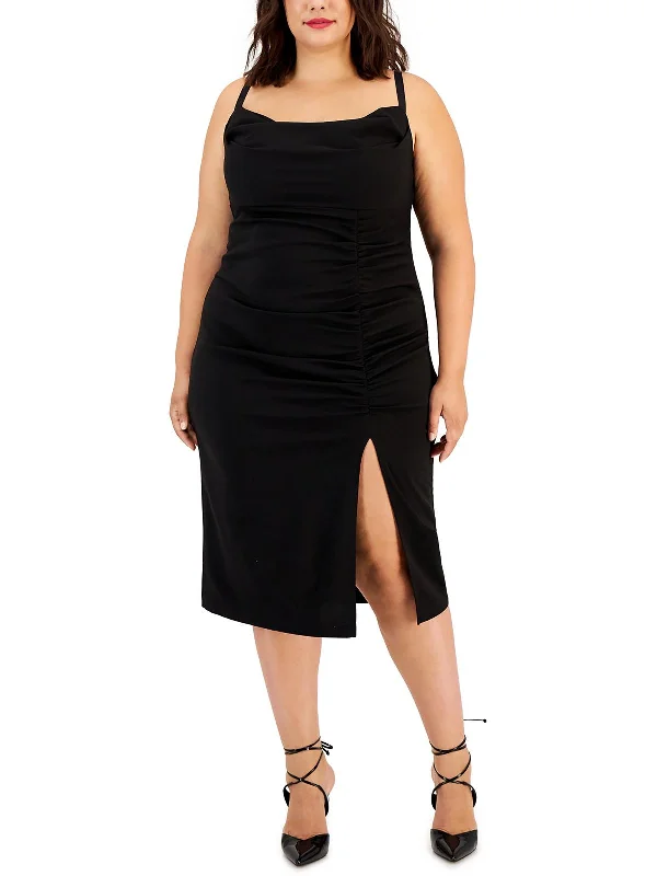 Plus Womens Ruched Drapey Midi Dress Elegant Floral Appliqué Midi Dress
