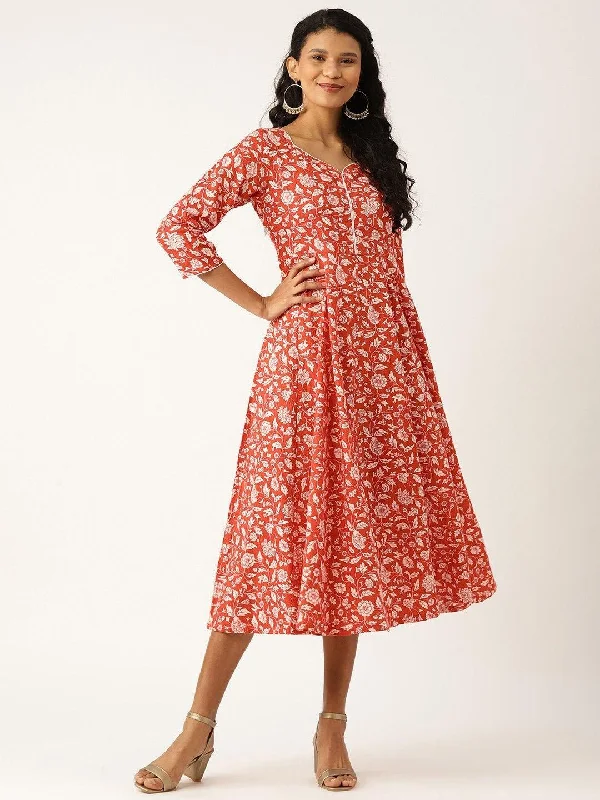 Women's Red Floral Sweetheart Neck Flared Midi Dress - SASSAFRAS Comfortable Floral Print Midi Dress