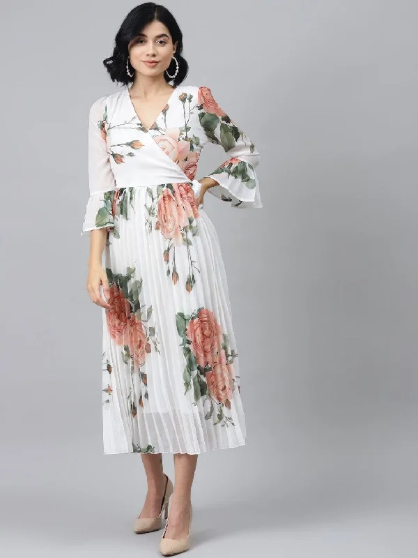 Women's White Floral Pleated Midi Dress - SASSAFRAS Trendy Bodycon Midi Dress