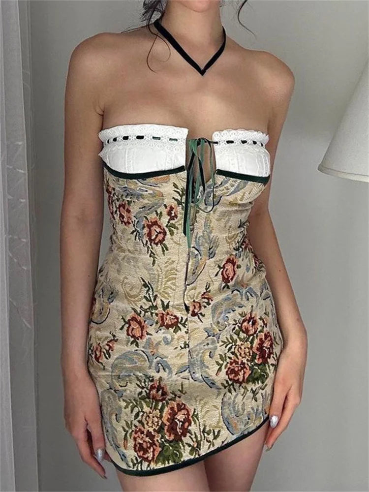 90s Aesthetic Strapless Tube Mini Dresses Casual V-Neck Mini Dress