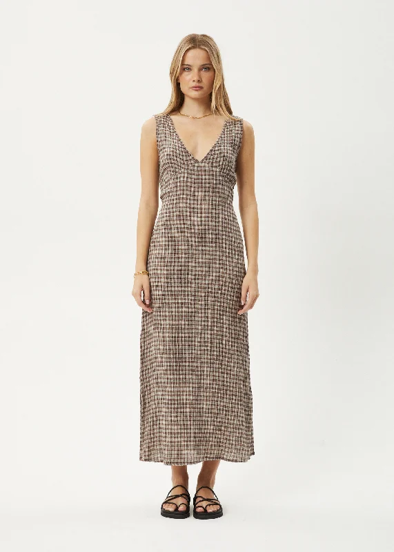 AFENDS Womens Base - Seersucker Check Maxi Dress - Coffee Check Trendy Floral Print Maxi Dress AFENDS Womens Base - Seersucker Check Maxi Dress - Coffee Check Trendy Floral Print Maxi Dress