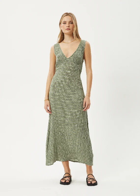 AFENDS Womens Base - Seersucker Check Maxi Dress - Deep Green Check Comfortable Ruffle Hem Maxi Dress AFENDS Womens Base - Seersucker Check Maxi Dress - Deep Green Check Comfortable Ruffle Hem Maxi Dress