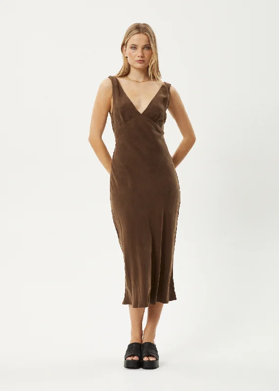 AFENDS Womens Gia - Cupro Maxi Dress - Coffee Cozy Open-Back Maxi Dress