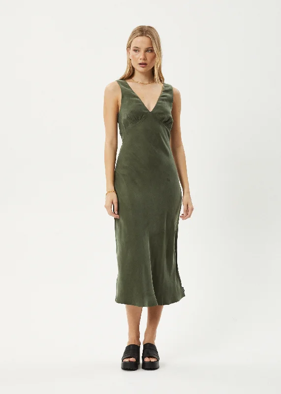 AFENDS Womens Gia - Cupro Maxi Dress - Deep Green Trendy Maxi Dress with Belt