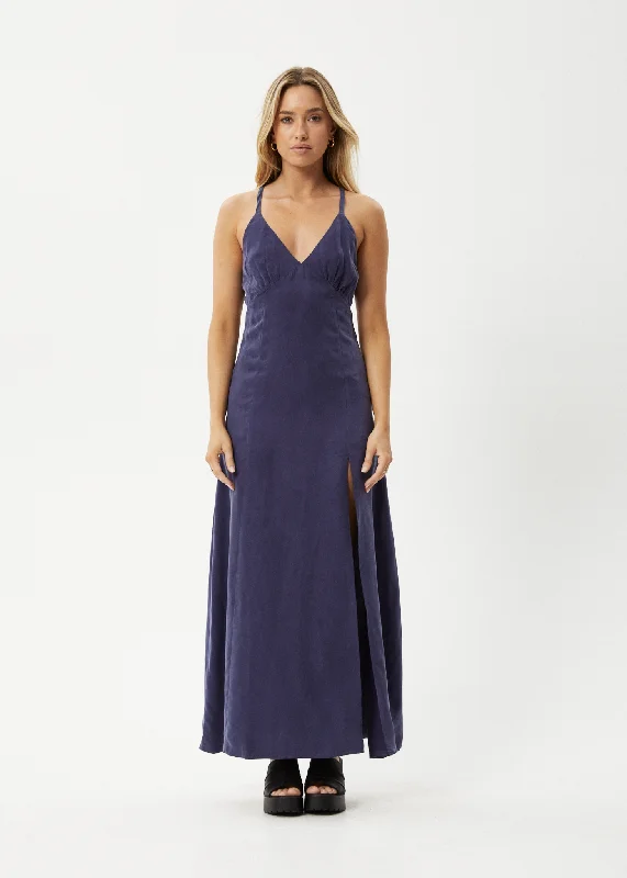 AFENDS Womens Grace - Cupro Maxi Dress - Navy Cozy Wrap Maxi Dress