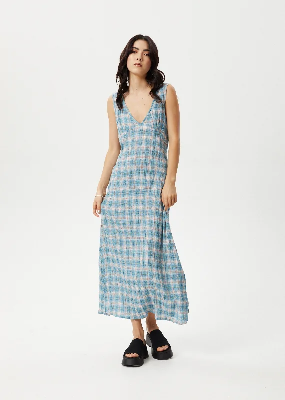 AFENDS Womens Position - Seersucker Check Maxi Dress - Lake Check Elegant Silk Maxi Dress AFENDS Womens Position - Seersucker Check Maxi Dress - Lake Check Elegant Silk Maxi Dress