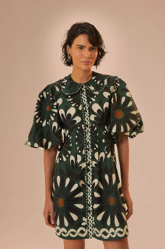 Green Ainika Flowers Short Sleeve Mini Dress Trendy Cut-Out Mini Dress