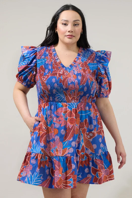 Amazonia Blue Leones Smocked Mini Dress Curve Stylish Summer Mini Dress
