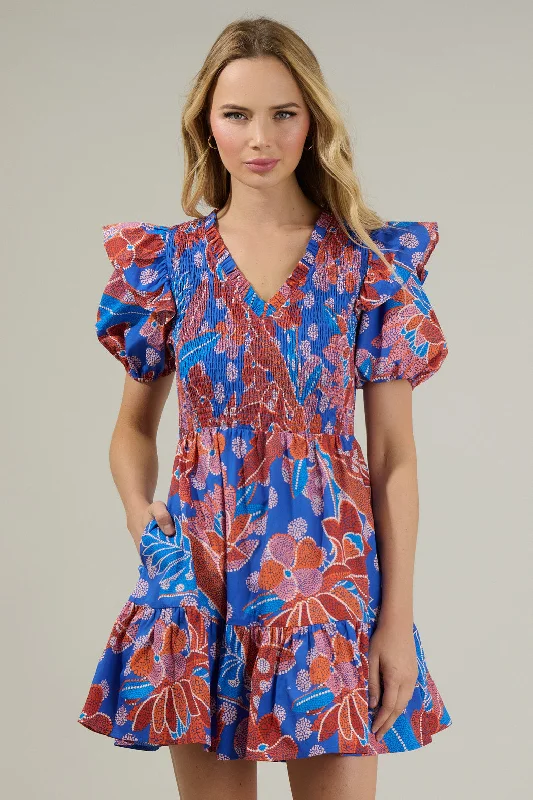 Amazonia Blue Leones Smocked Mini Dress Elegant Velvet Mini Dress