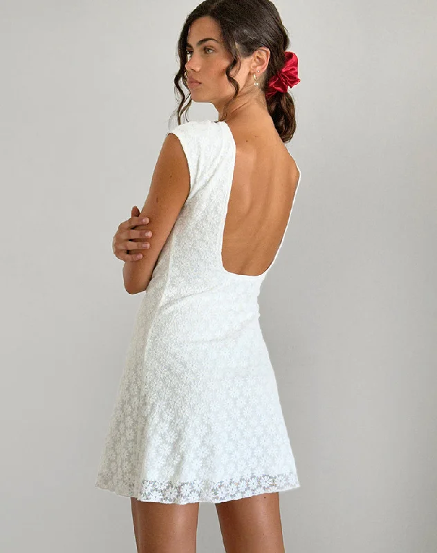Ambu Mini Dress in Floral Lace Ivory Elegant Satin Lace Mini Dress