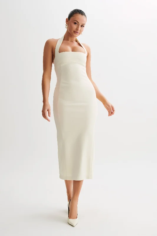 Amelita Suiting Halter Midi Dress - Ivory Trendy Ruffle Hem Midi Dress