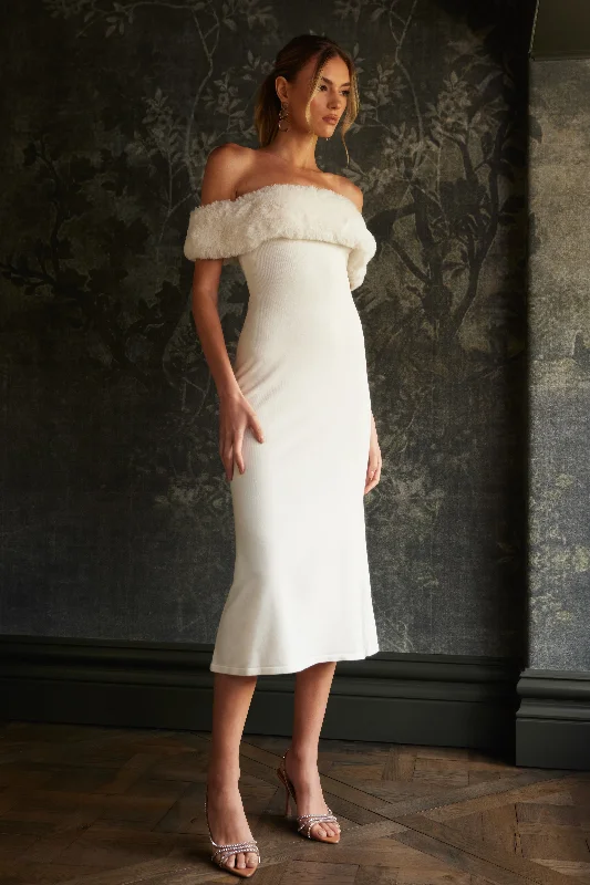 Angelica Off Shoulder Knit Midi Dress With Faux Fur - Ivory Trendy Knit Midi Dress