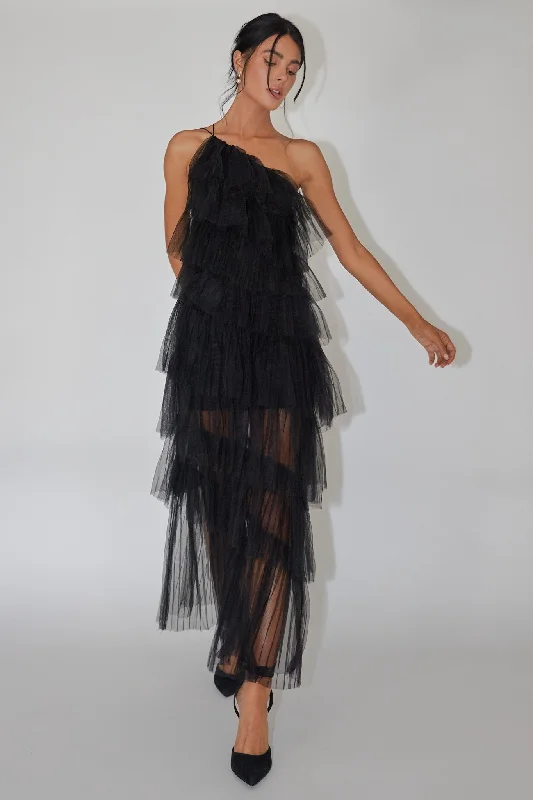 Arrabel Tiered Ruffle Tulle Maxi Dress Black Fashionable Sleeveless Maxi Dress