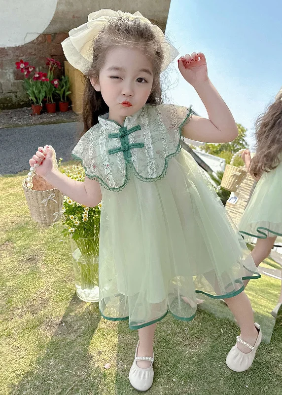 Art Green Embroideried Patchwork Button Tulle Girls Vacation Maxi Dresses Summer MN006 Elegant Silk Maxi Dress