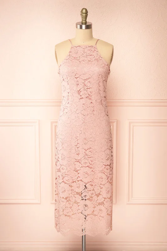 Ashley Mauve | Straight Lace Midi Dress Elegant Faux Wrap Midi Dress