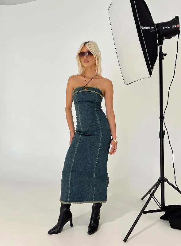 Atun Bandeau Maxi Dress Blue Acid Wash Comfortable Plunging Neckline Maxi Dress
