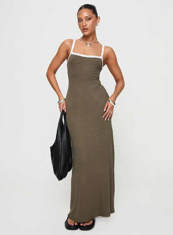 Austrina Maxi Dress Olive Stylish Pleated A-Line Maxi Dress