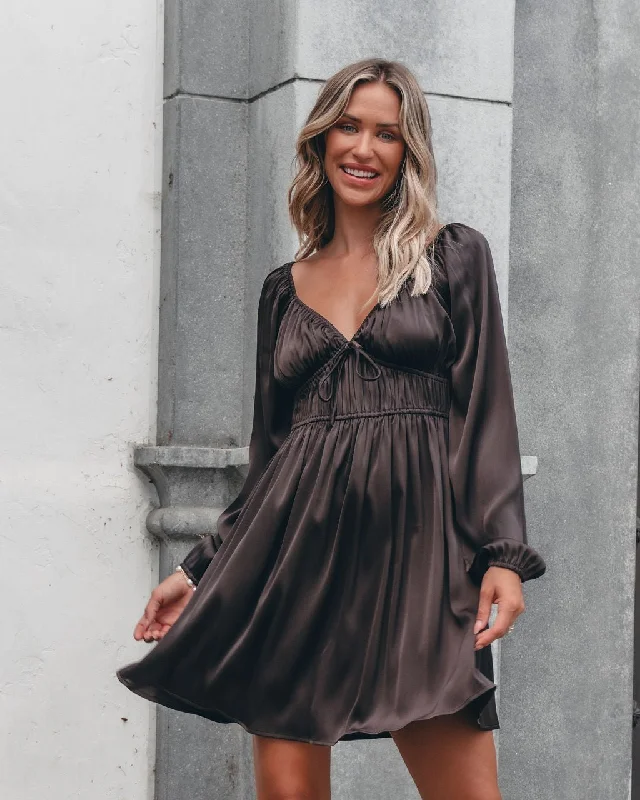 Autumn Soiree V Neck Mini Dress - Dark Brown Modern Satin Mini Dress