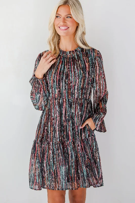 Beautifully Poised Black Striped Tiered Mini Dress Casual Mini Dress with Pockets