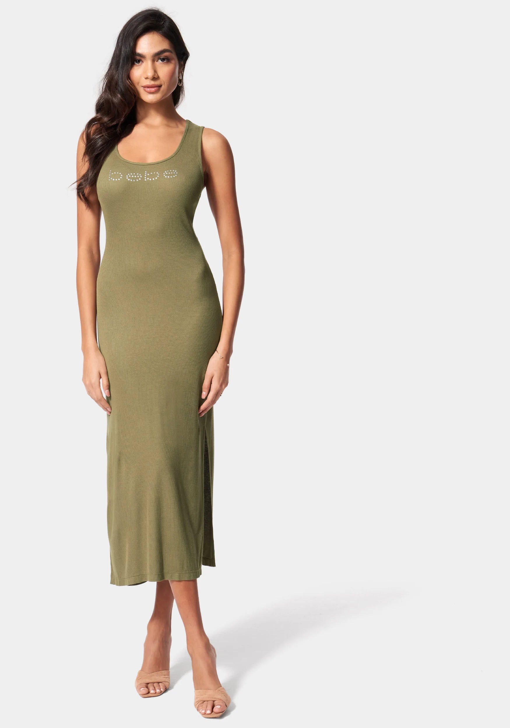 Bebe Logo Rib Knit Maxi Dress Elegant Pleated Maxi Dress