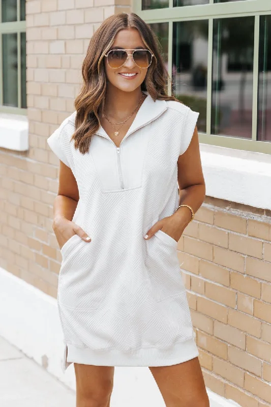 Beige Half Zip Textured Mini Dress Casual Button-Up Mini Dress