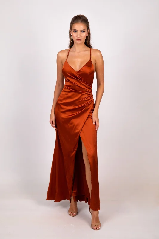 BELINDA Satin Maxi Dress - Burnt Orange Comfortable Maxi Dress with Slits