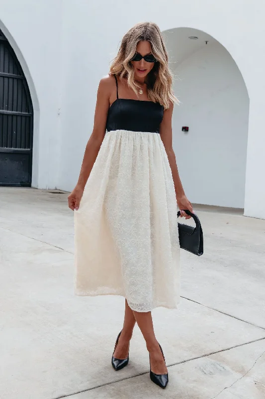 Black and Cream Floral Textured Midi Dress Cozy Wide Strap Midi Dress