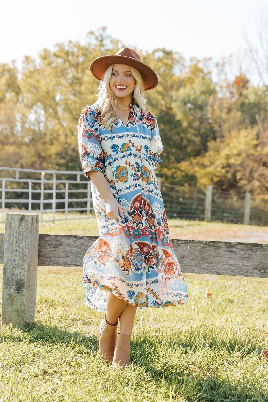 Blue Multi Border Print Midi Dress Fashionable Pencil Midi Dress