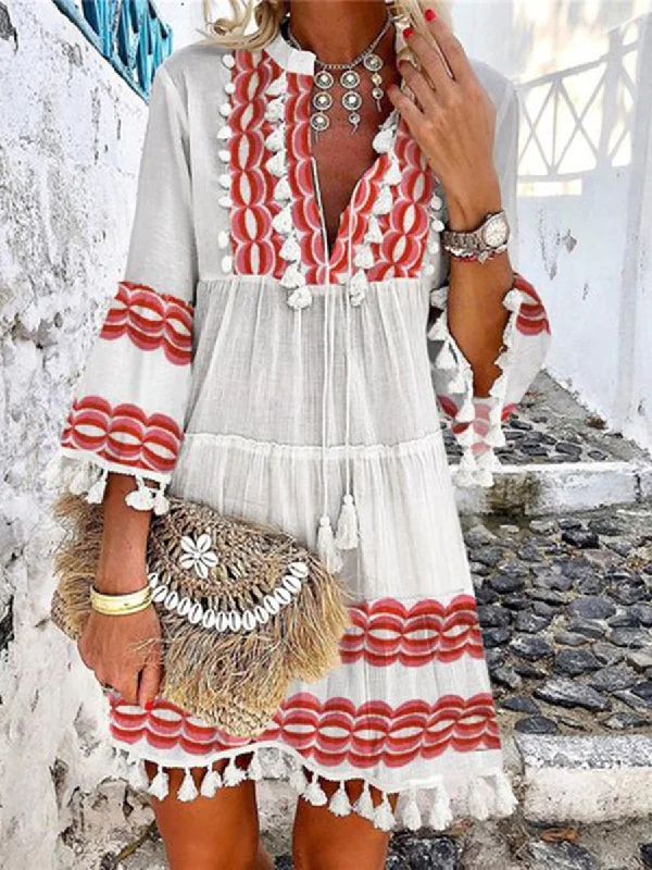 Bohemian Tassel Flare Sleeve Mini Dress Chic Puff Sleeve Mini Dress