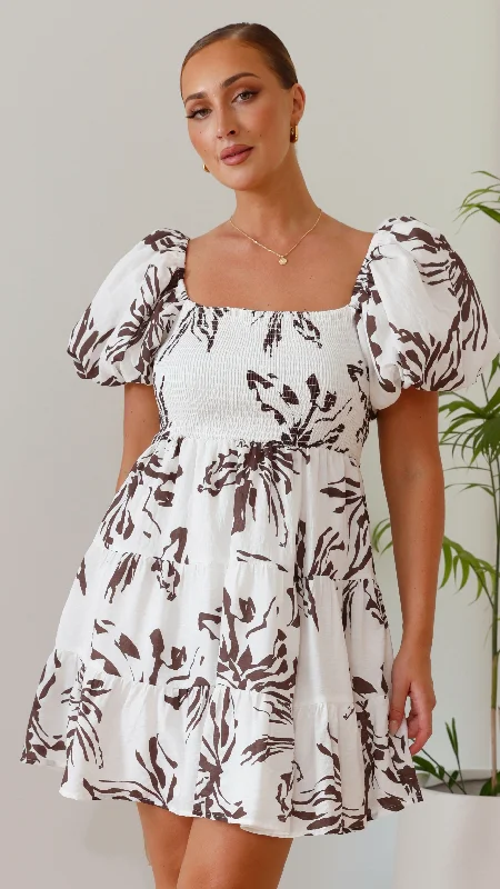 Bronty Mini Dress - Brown Floral Chic Tropical Mini Dress