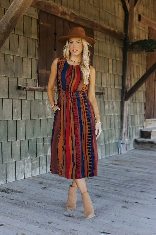 Brown Multi Print Sleeveless Midi Dress Comfortable Floral Print Midi Dress