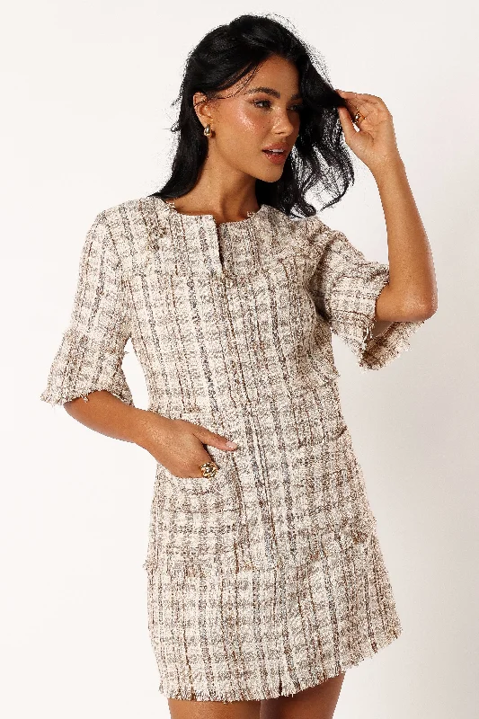 Calloway Mini Dress - Cream Tweed Stylish Plaid Mini Dress