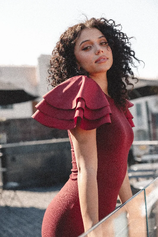Cally Ruffle Sleeve Midi Dress - Wine Classic Black Midi Dress
