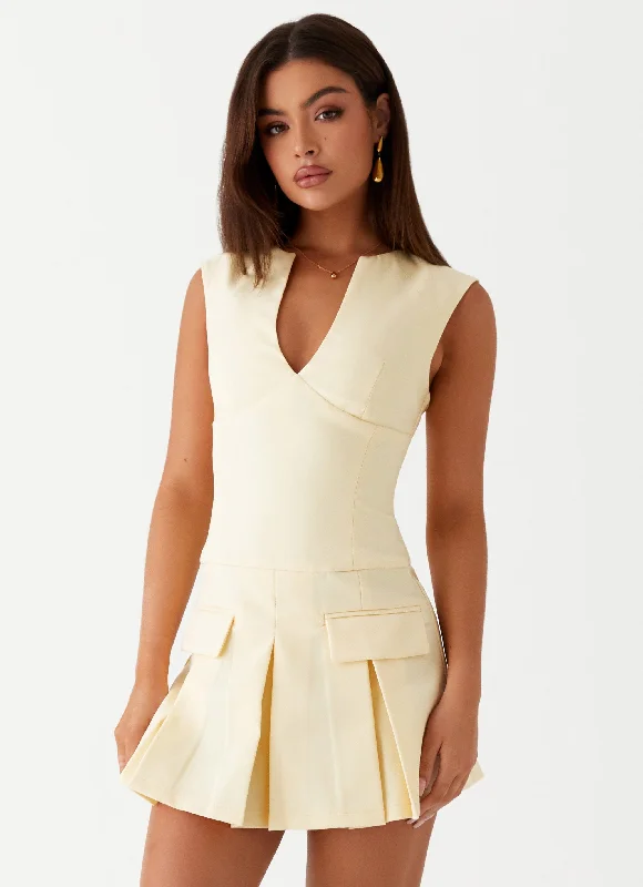 Cassia Mini Dress - Yellow Fashionable Lace-Trim Mini Dress