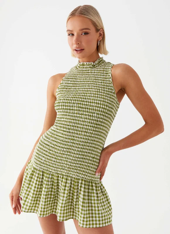 Cassie shirred Mini Dress - Khaki Gingham Fashionable Off-Shoulder Mini Dress