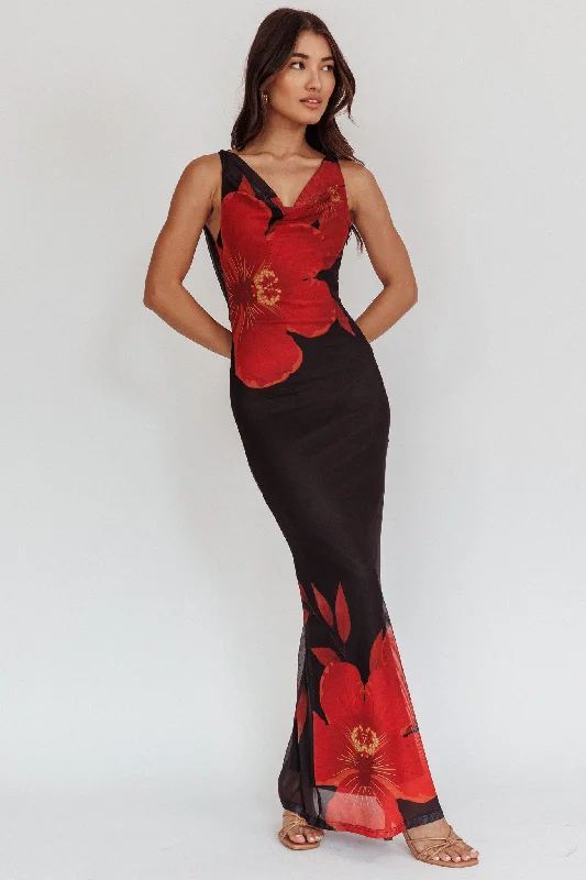 Cassiopeia Open Back Maxi Dress Hibiscus Black Classic A-Line Maxi Dress