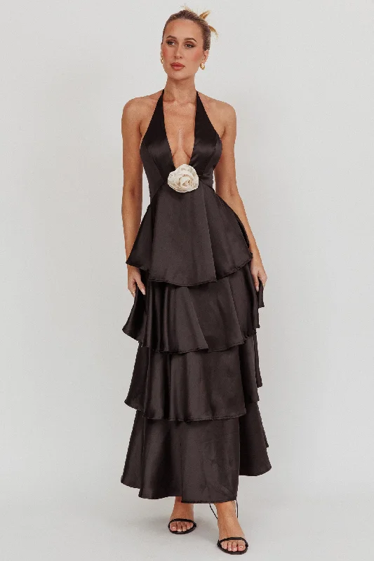 Catalina Tiered Ruffle Rosette Maxi Dress Black Comfortable Pleated Maxi Dress