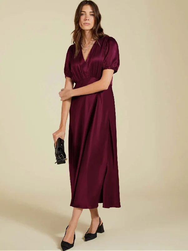 Cathy Satin V-Neck Midi Dress | Burgundy Comfortable Draped Midi Dress
