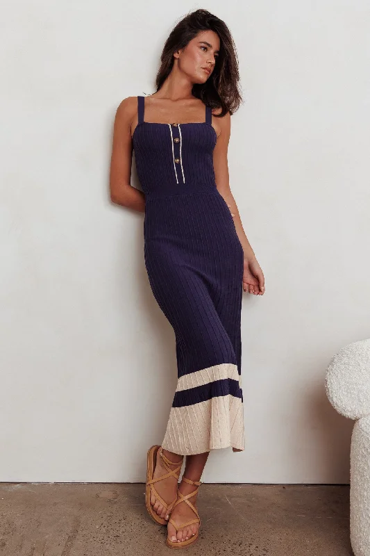 Cayla Contrast Ribbed Knit Maxi Dress Navy Classic Solid Maxi Dress